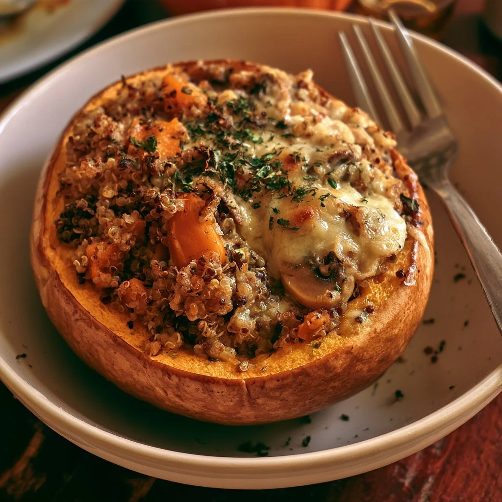 Zucca ripiena di quinoa, funghi e formaggio, piatto autunnale delizioso.