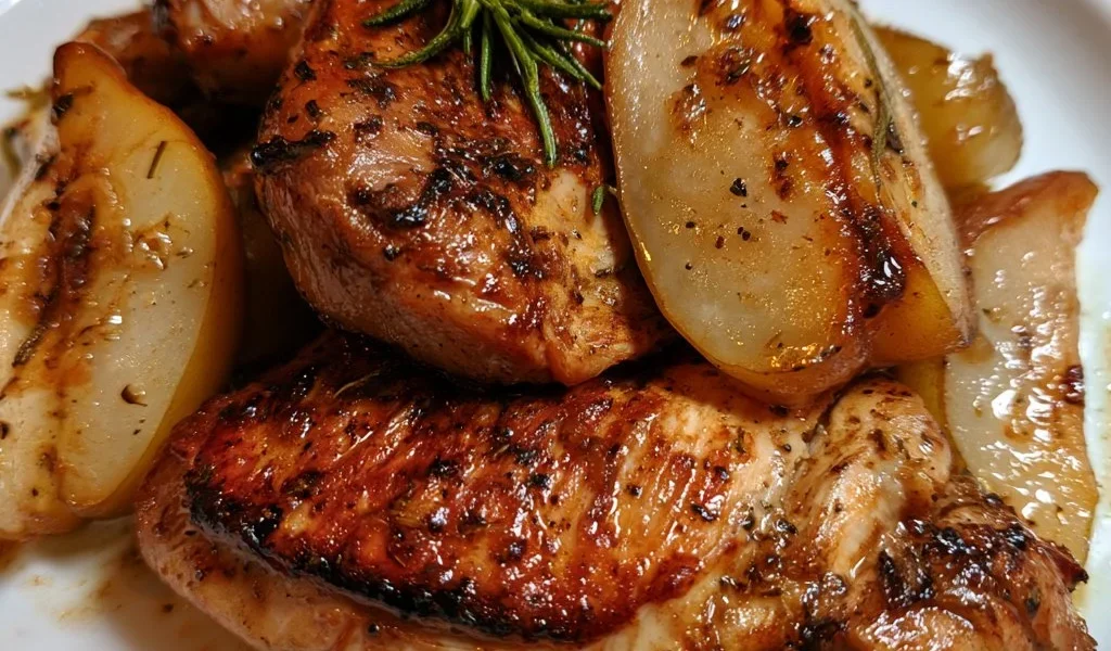 Tacchino in padella con pere e rosmarino, piatto gourmet italiano
