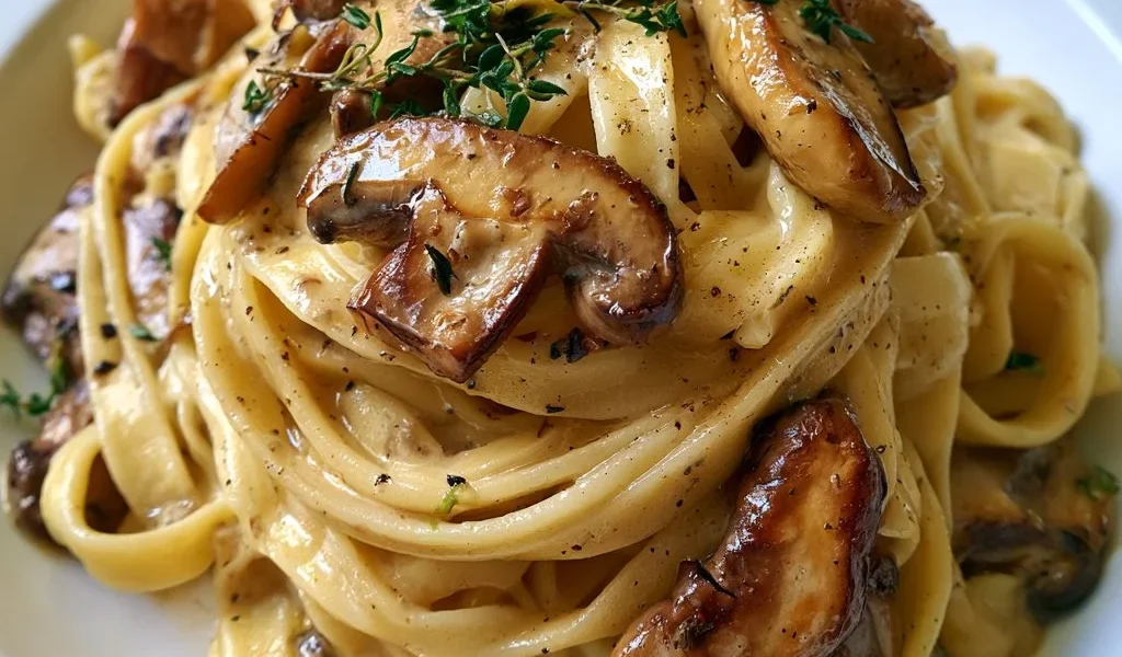 Tagliatelle ai porcini e timo servite in un piatto tradizionale italiano.