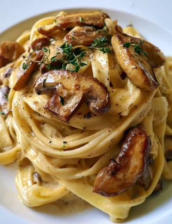 Tagliatelle ai porcini e timo servite in un piatto tradizionale italiano.