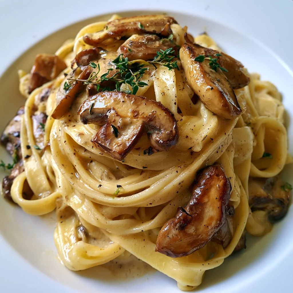 Tagliatelle ai porcini e timo servite in un piatto tradizionale italiano.