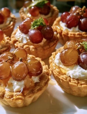Tartellette con uva, caprino e miele su un piatto elegante
