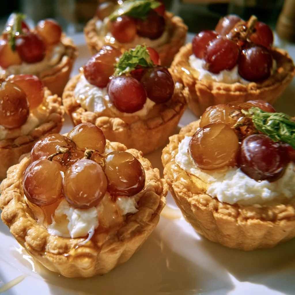 Tartellette con uva, caprino e miele su un piatto elegante