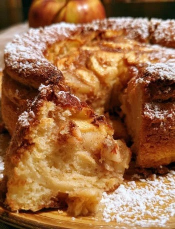 Torta di mele e cannella soffice appena sfornata con spolverata di zucchero a velo.