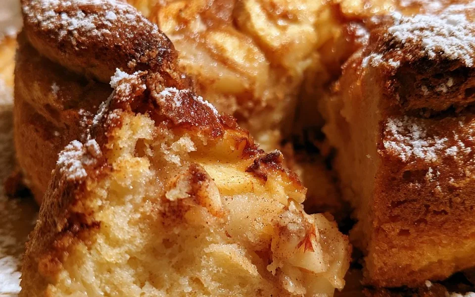 Torta di mele e cannella soffice appena sfornata con spolverata di zucchero a velo.