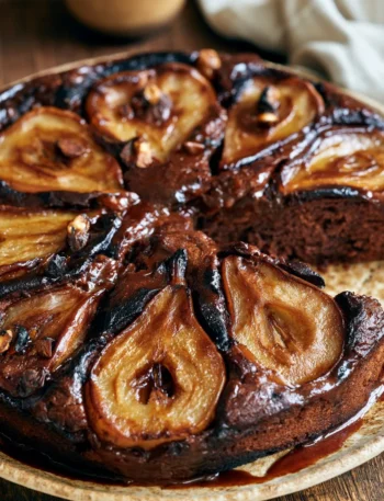 Torta pere e cioccolato fondente appena sfornata, con fette di pere fresche e cioccolato