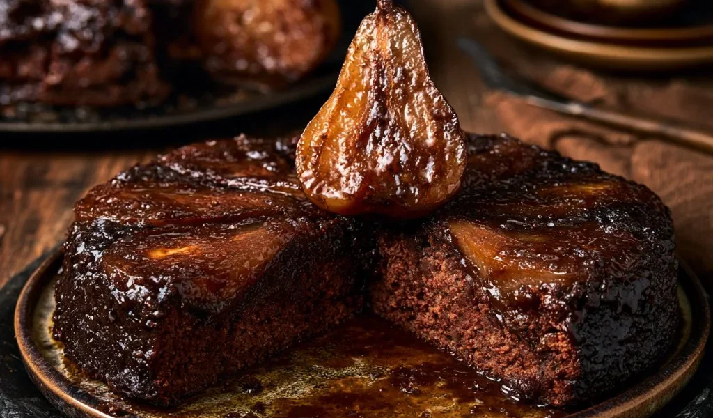 Torta rovesciata alle pere e cacao fresca e appetitosa