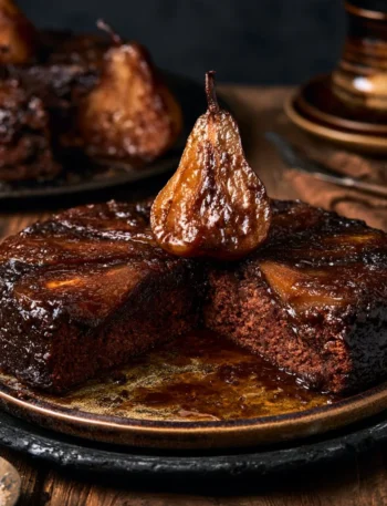 Torta rovesciata alle pere e cacao fresca e appetitosa