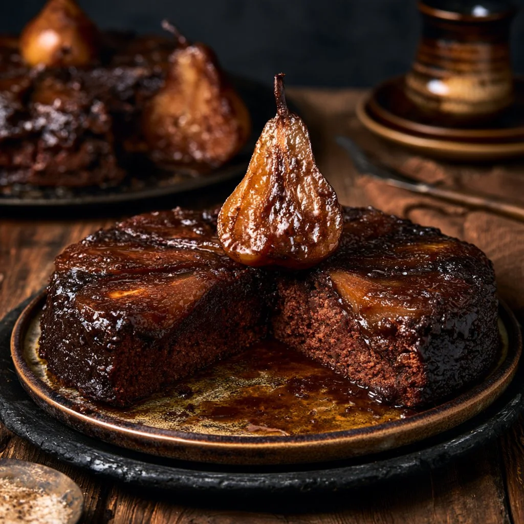 Torta rovesciata alle pere e cacao fresca e appetitosa
