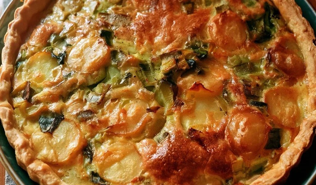Torta salata con porri e patate appena sfornata