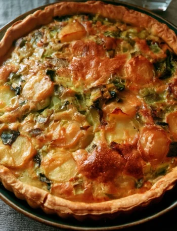 Torta salata con porri e patate appena sfornata