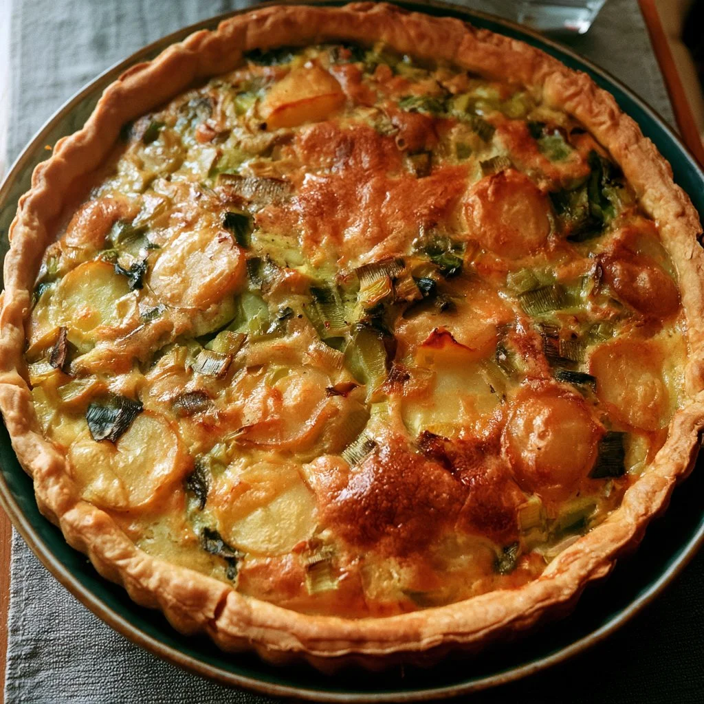 Torta salata con porri e patate appena sfornata