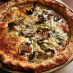 Torta salata con funghi, porri e fontina pronta da servire.