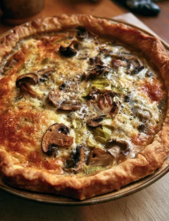 Torta salata con funghi, porri e fontina pronta da servire.