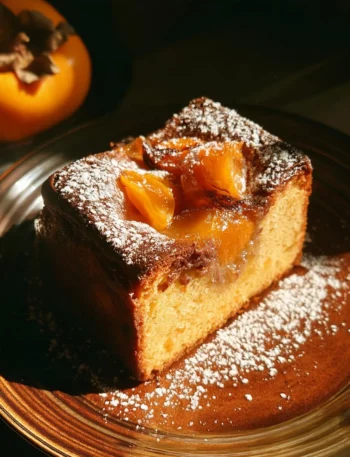 Torta soffice ai cachi e cacao su un piatto bianco