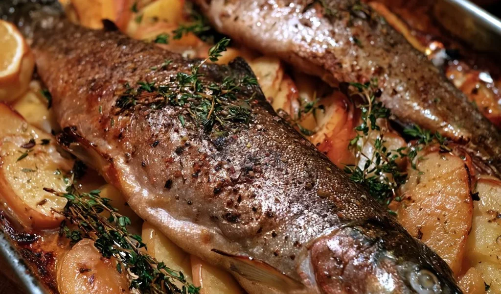 Trota al forno con mele e timo servita su un piatto elegante