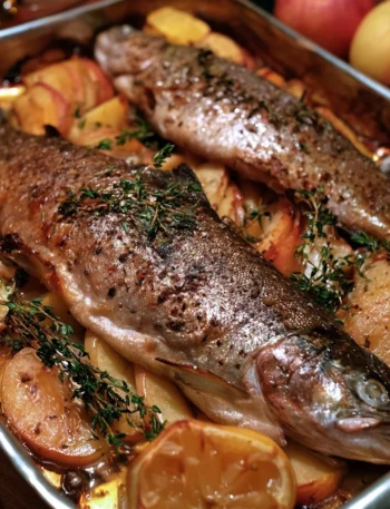 Trota al forno con mele e timo servita su un piatto elegante