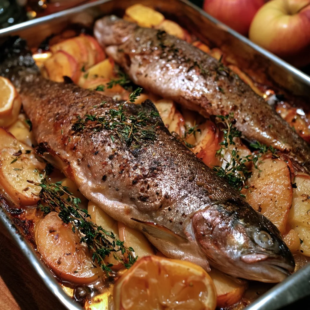Trota al forno con mele e timo servita su un piatto elegante