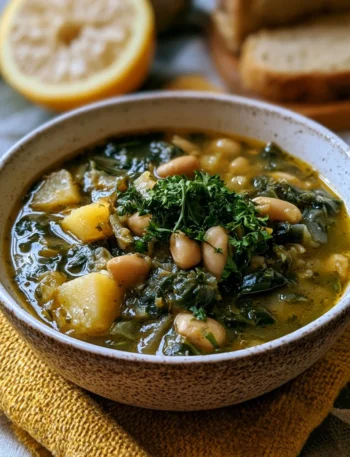 Zuppa di cavolo nero con cannellini e patate, piatto caldo e nutriente.