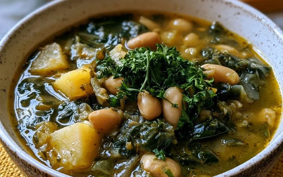 Zuppa di cavolo nero con cannellini e patate, piatto caldo e nutriente.