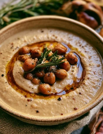 Zuppa di ceci e castagne al rosmarino servita in una ciotola