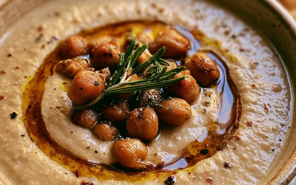 Zuppa di ceci e castagne al rosmarino servita in una ciotola