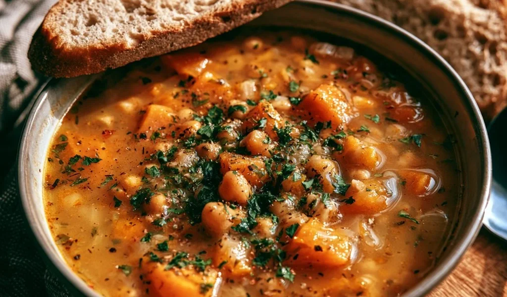 Zuppa di ceci e zucca servita in una ciotola con un rametto di rosmarino