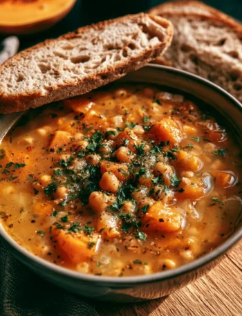 Zuppa di ceci e zucca servita in una ciotola con un rametto di rosmarino