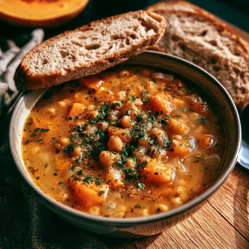 Zuppa di ceci e zucca servita in una ciotola con un rametto di rosmarino
