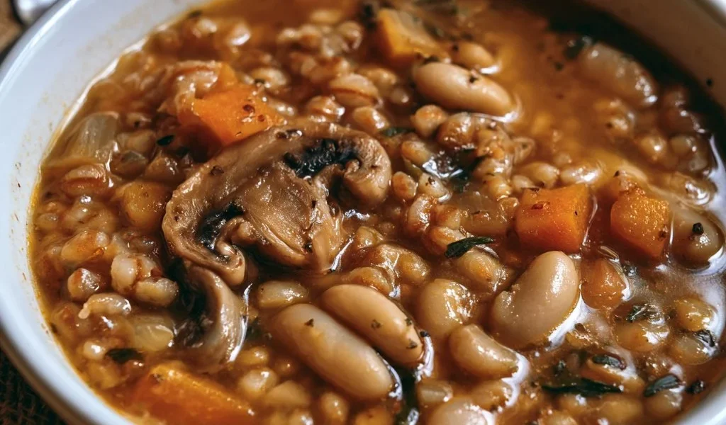 Zuppa di farro con funghi e fagioli servita in una ciotola decorata.