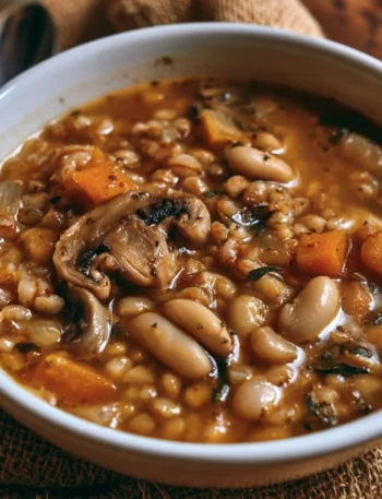 Zuppa di farro con funghi e fagioli servita in una ciotola decorata.