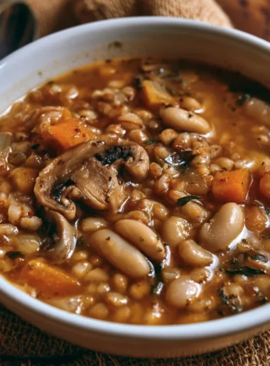 Zuppa di farro con funghi e fagioli servita in una ciotola decorata.