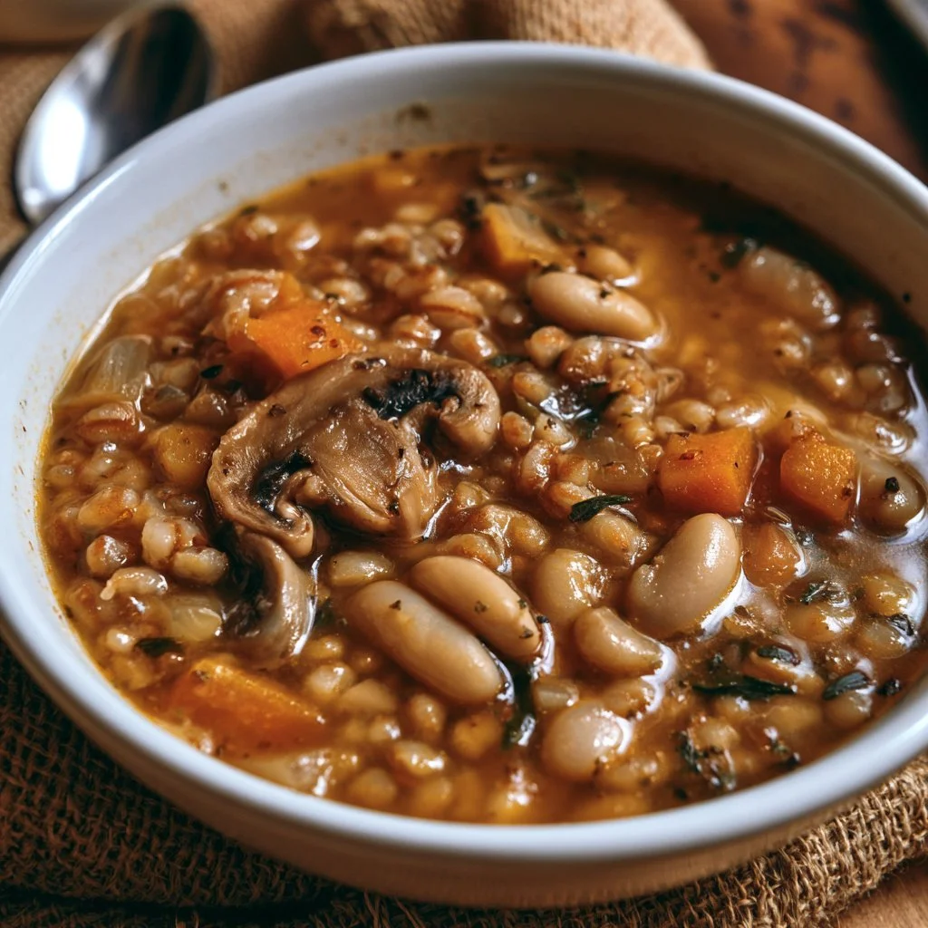Zuppa di farro con funghi e fagioli servita in una ciotola decorata.