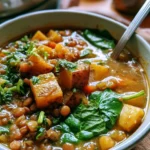 Zuppa di lenticchie con patate e spinaci servita in una ciotola