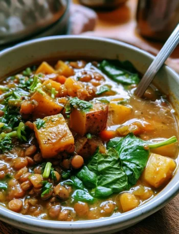 Zuppa di lenticchie con patate e spinaci servita in una ciotola