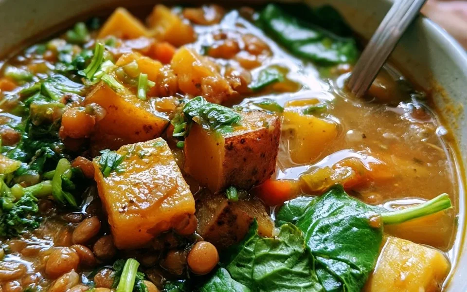 Zuppa di lenticchie con patate e spinaci servita in una ciotola