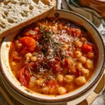 Zuppa rustica di ceci, rosmarino e pomodoro servita in una ciotola.