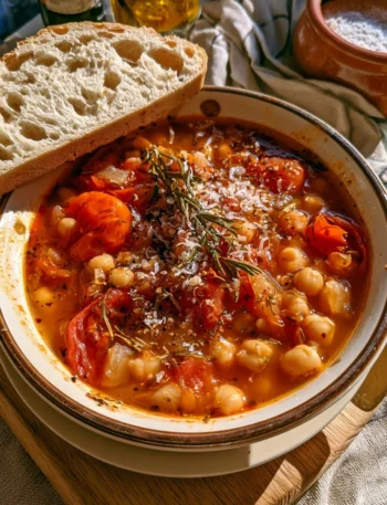 Zuppa rustica di ceci, rosmarino e pomodoro servita in una ciotola.