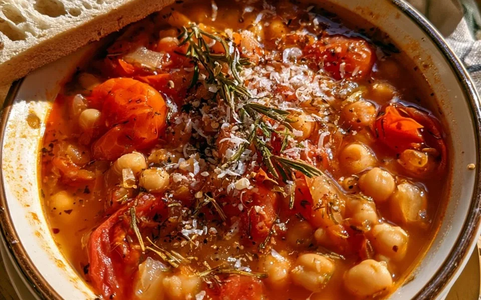 Zuppa rustica di ceci, rosmarino e pomodoro servita in una ciotola.