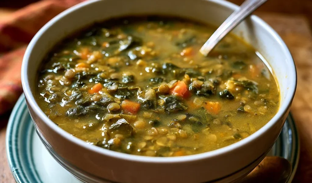 Zuppa rustica di lenticchie e bietole servita in una ciotola
