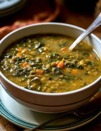 Zuppa rustica di lenticchie e bietole servita in una ciotola