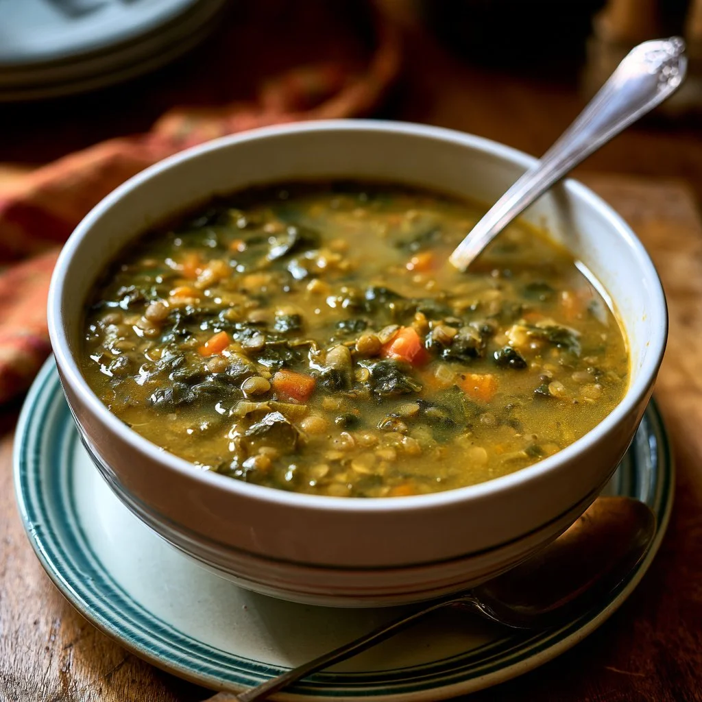 Zuppa rustica di lenticchie e bietole servita in una ciotola